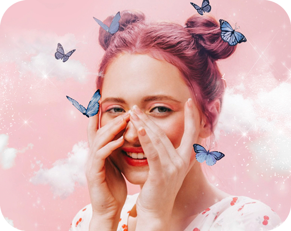 smiling pink hair girl on a pink background with white clouds and blue butterfly stickers