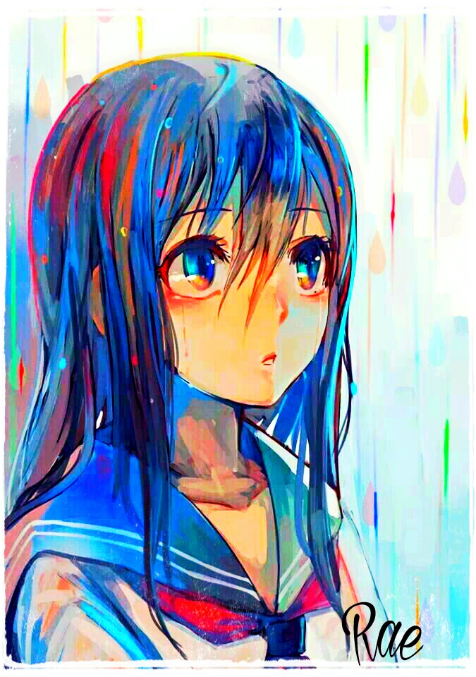 Morning Anime Girl Kawaii Rain Colorful Rainbow Blac