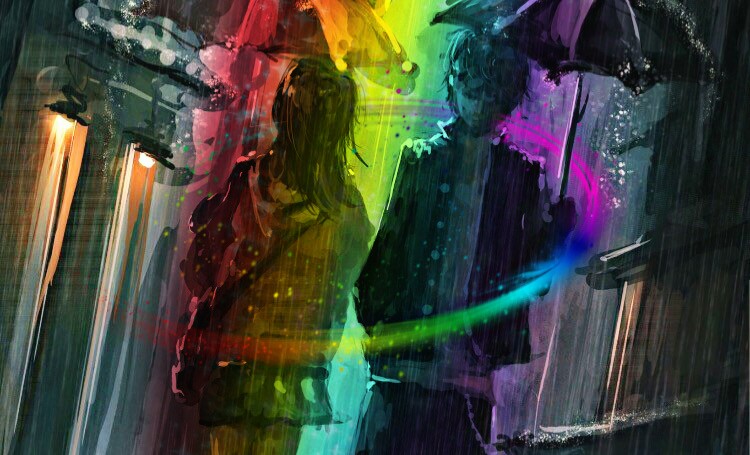 Rainbow Girl Boy Umbrella Rain Image By Bunnysensei