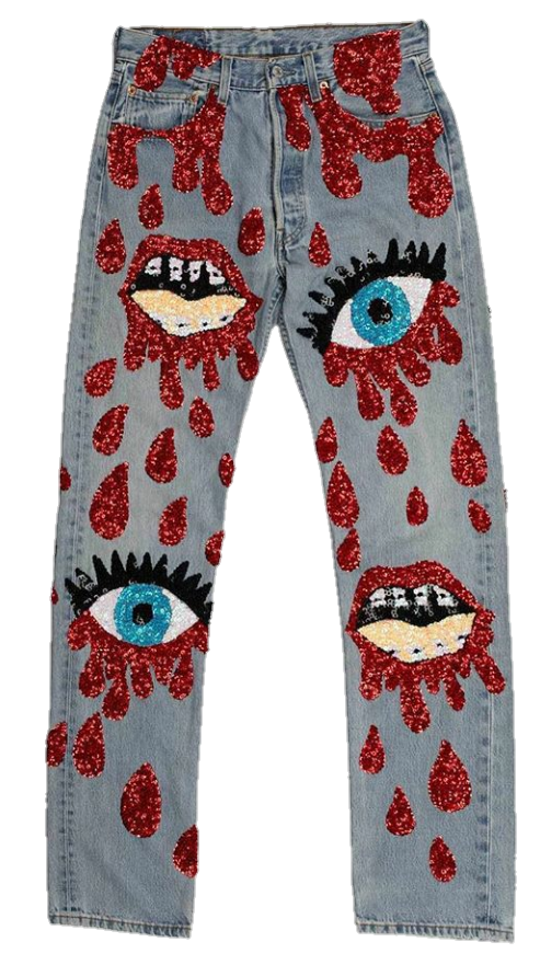 jeans pants denim glitter retro eye blood grunge mouth...