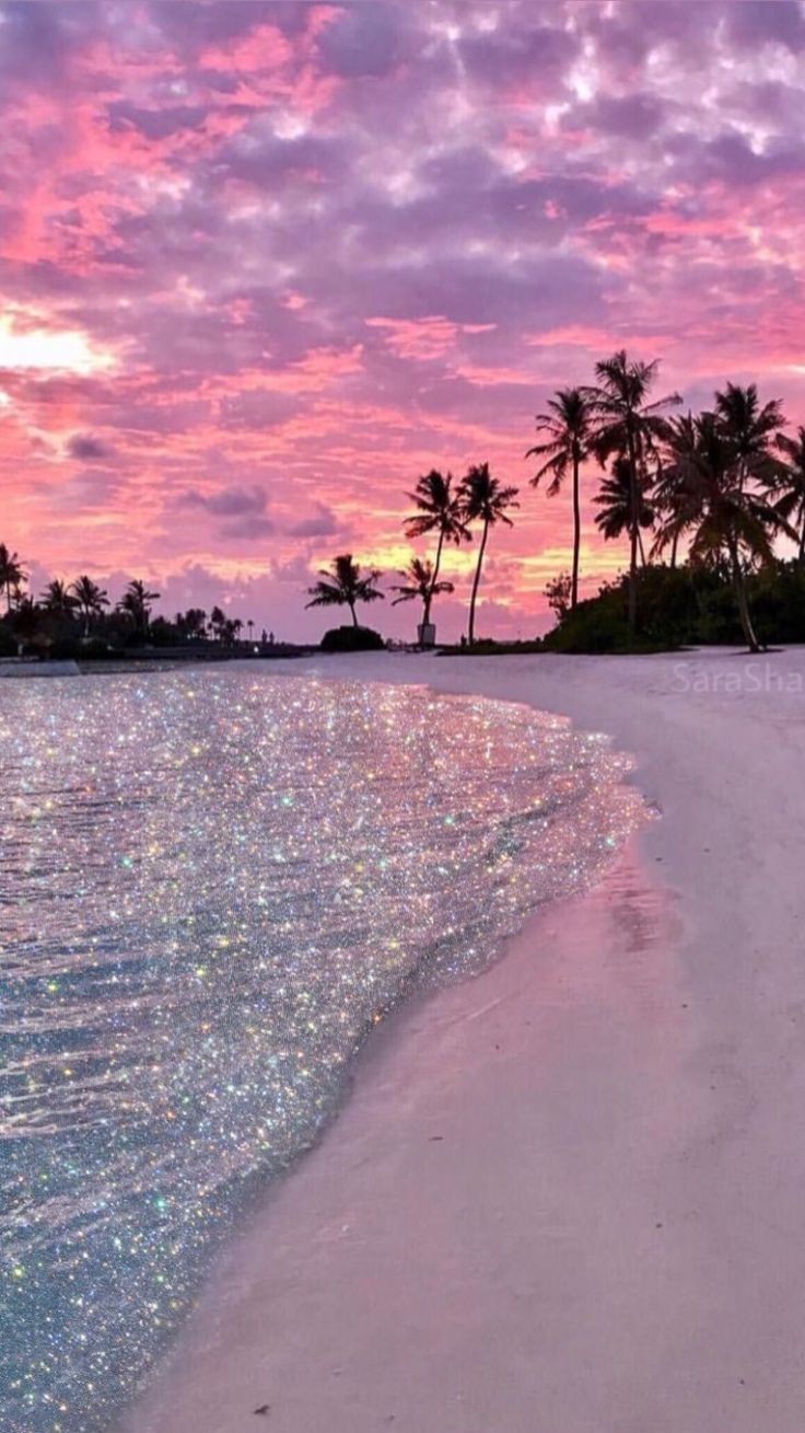tumblr paisaje rosa glitter glitters atardecer palmeras...