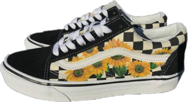 black and white checkered vans with sunflowers