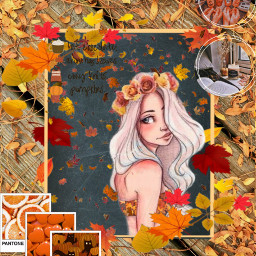 freetoedit orange autumnmoodboard autumnvibes autumncollage girlwithaflower drawingofayounglady pantoneremix ircchalkboarddesign chalkboarddesign