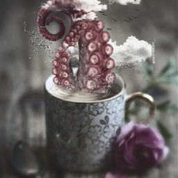 surreal surrealart surrealistic surrealismo octopus tentacles pulpo water coffeecup coffee tea tumblr aesthetic vaporwave