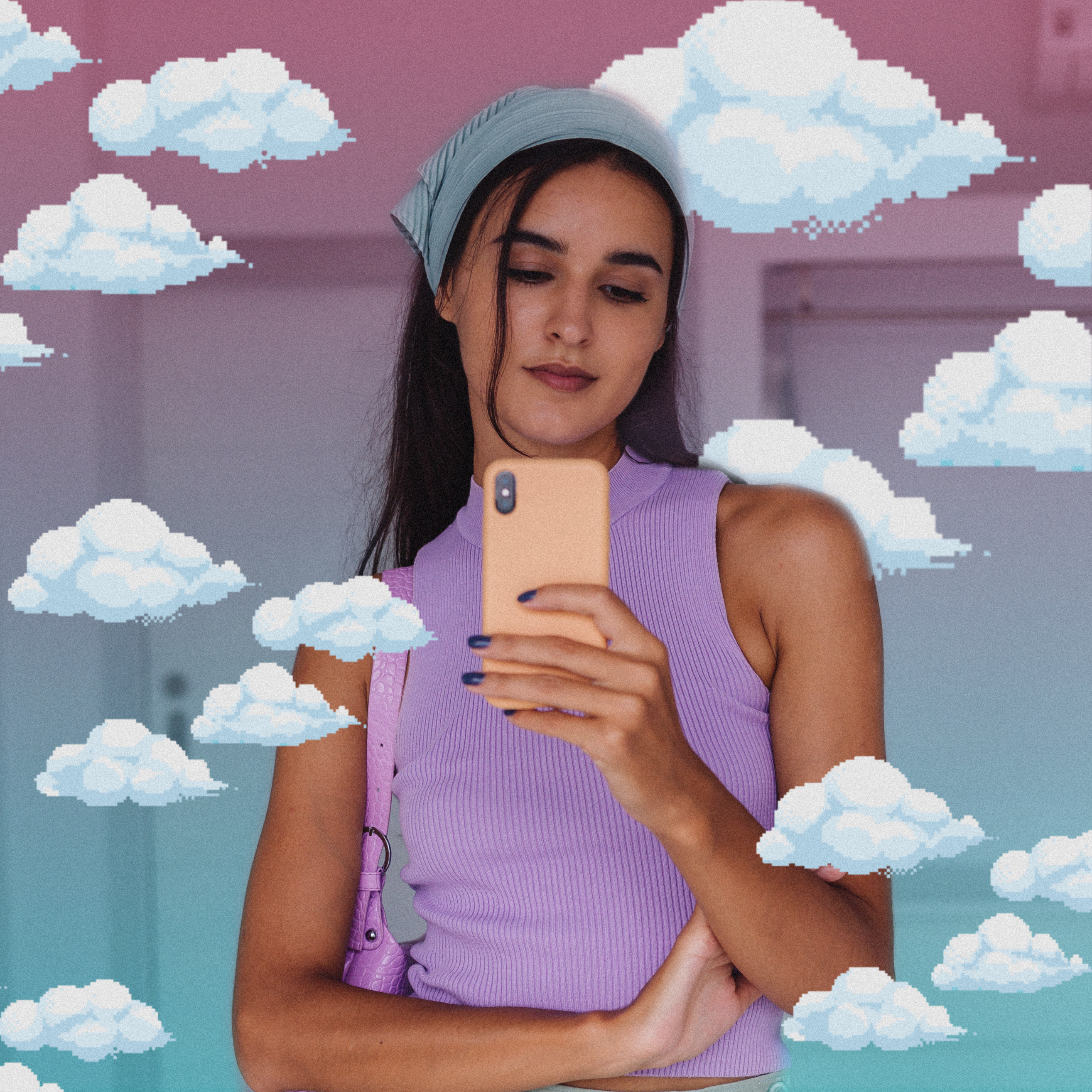 Here's an edit idea for you ☁️✨– Create a pixel cloud mirror selfie with Stickers 👀 #mirror #mirrorselfie #gradient #pixel #pixelclouds #freetoedit 