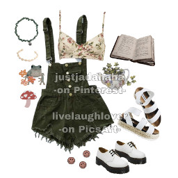 green floral overalls bra fashion outfit board shoes sage book mushroom jewelry cottagecore fairy goblincore grunge goth forest story vsco aesthetic trending folklore clothes