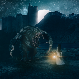 monster giant lady night landscape lake moon fantasy freetoedit