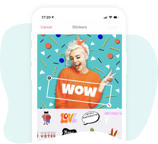 happy girl in orange sweater posing on a colorful background with a wow sticker on a photo
