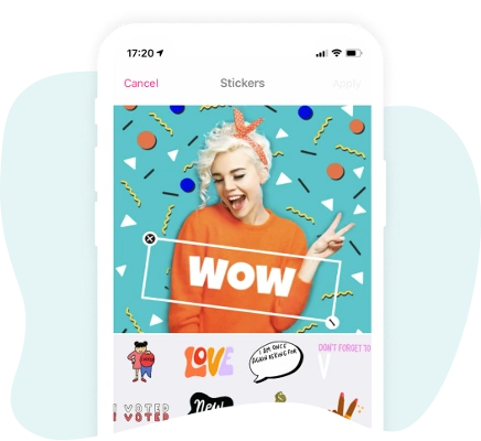 happy girl in orange sweater posing on a colorful background with a wow sticker on a photo