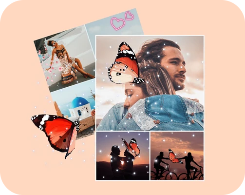 photo collage of a romantic couple and a traveler with sparkles and butterfly stickers
