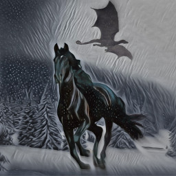 horse dragon snow forest black blackandwhite