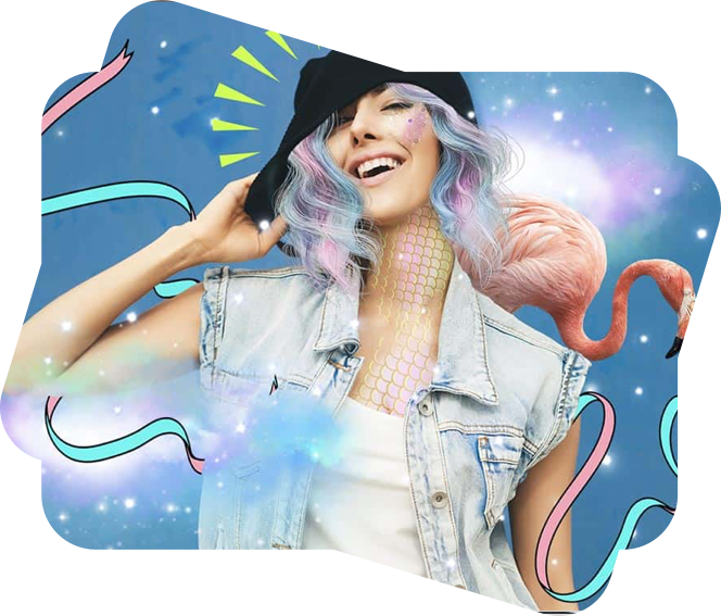 colored hair girl with flamingos and colorful tapes on a blue background