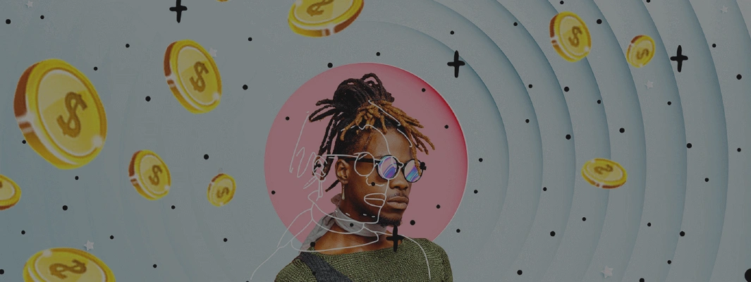 boy in trendy outfit and colorful glasses on a gold coins background with picsart sketch effect applied