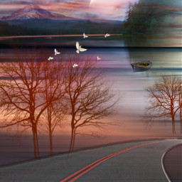 naturebeauty landscape road lake boat mountains trees skyandclouds moon sunset painting freetoedit