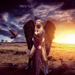 photoshop edit art photomontage woman wing war crow ground sunset light sky cloud weapon black photo picture freetoedit